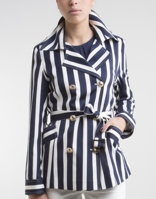 White / navy blue striped trench coat