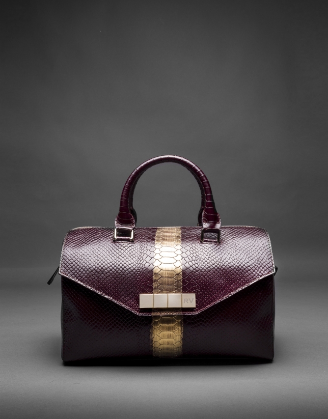 Burgundy leather Carmen Andromeda bag with embossed snake and old gold stripe