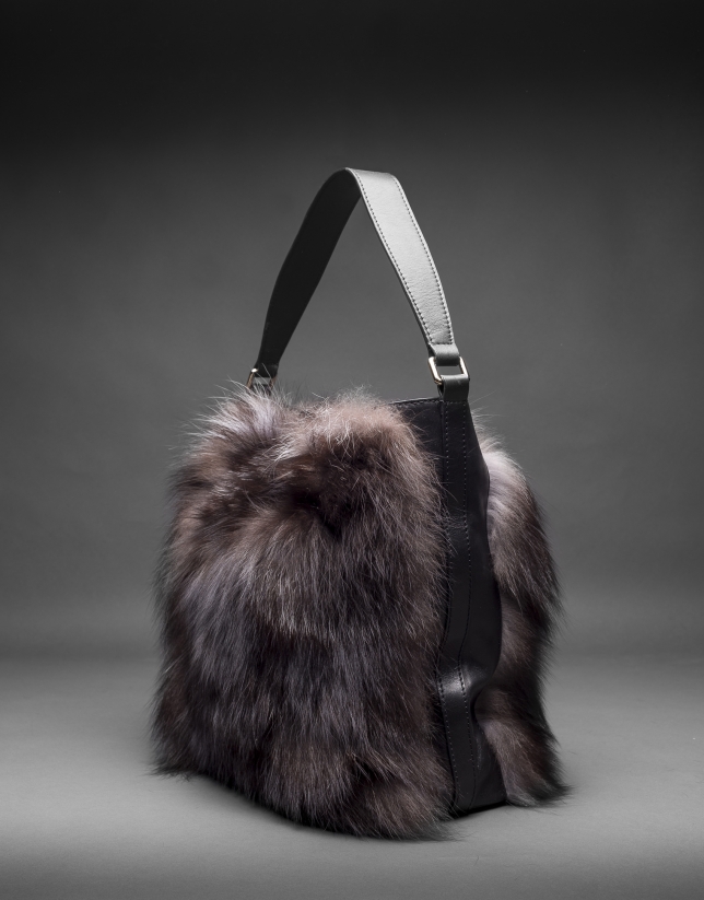 Black napa Erika Fox bag with brown fox fur 
