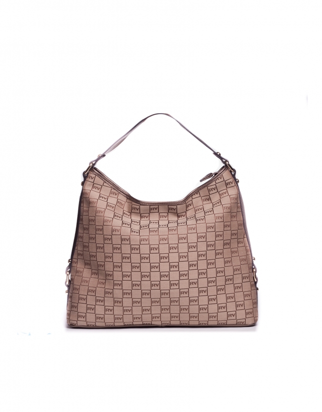LAURA ARENA: Bronze jacquard and leather hobo bag