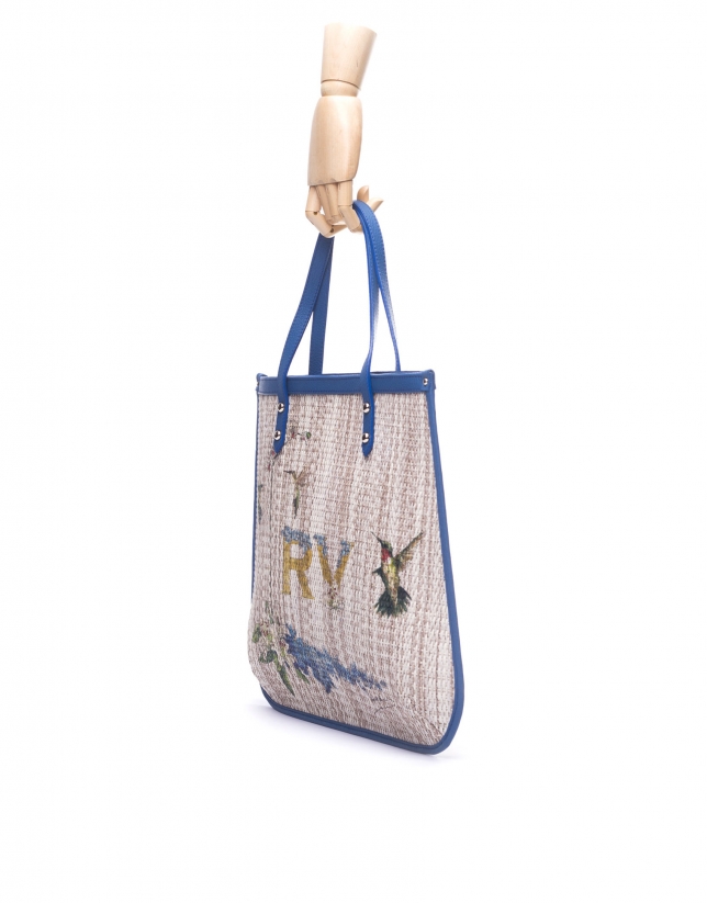 BIRDY:  Print raffia and blue leather shopping bag