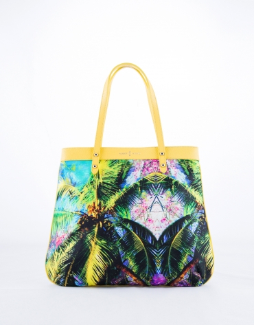 Yellow leather and tropical print Birdy Miami shopping bag