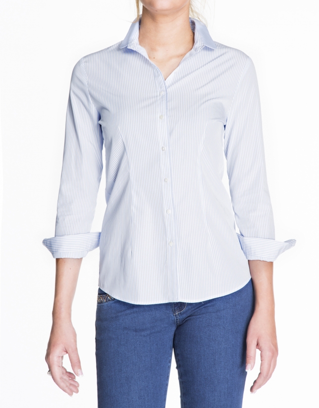 Long sleeve white and blue striped shirt 