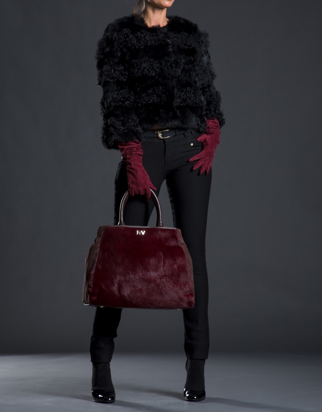 Justin bag with  Burgundy horsehair combined with brown leather and suede