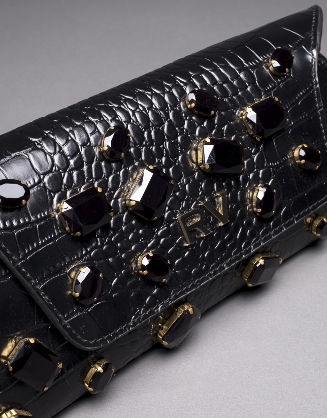 Black leather Bella bag with embossed alligator and jet fantasy stones 
