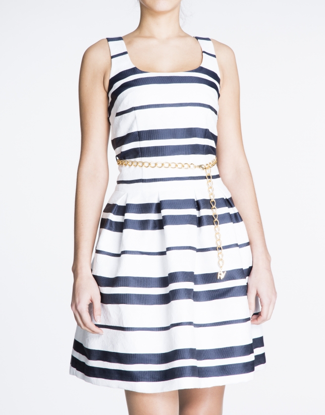 Blue and white horizontal striped halter top dress