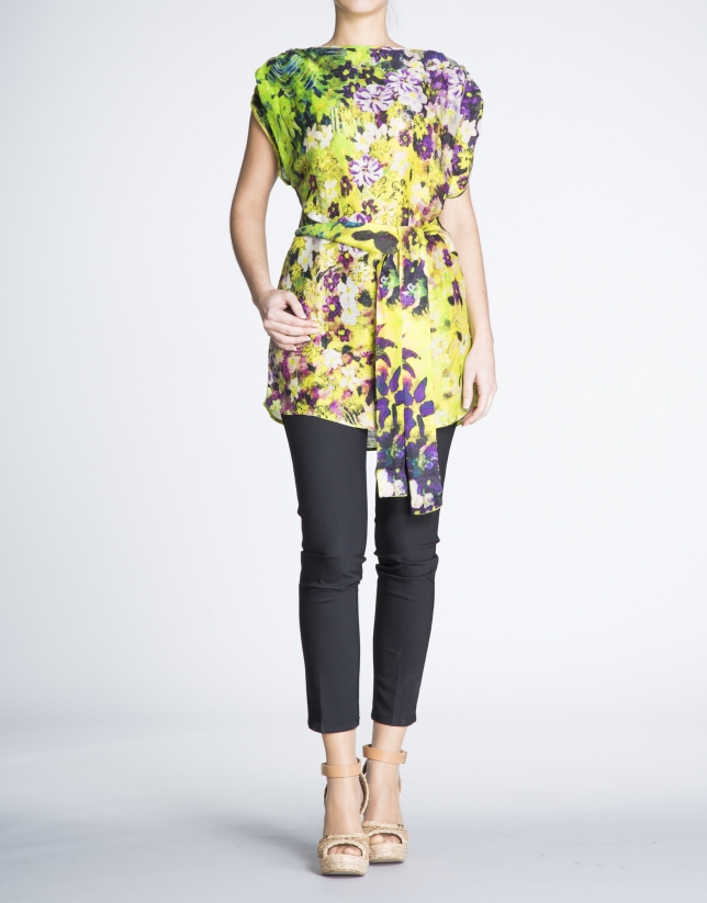 Loose, long floral print silk and linen blouse 