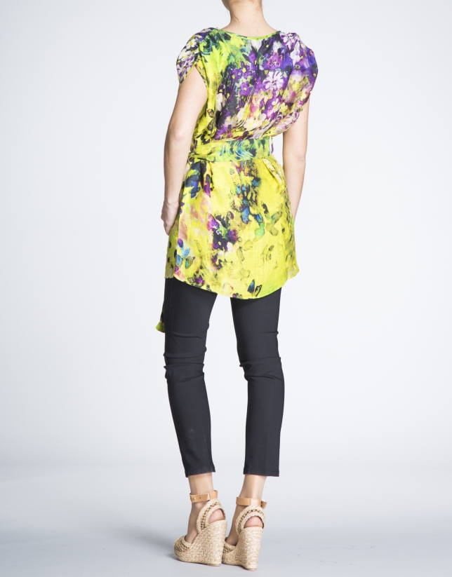 Loose, long floral print silk and linen blouse 