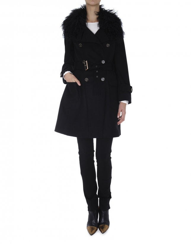 Black wool raincoat with lambskin collar 