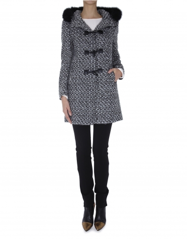 Black and white print parka with hood and loop closures