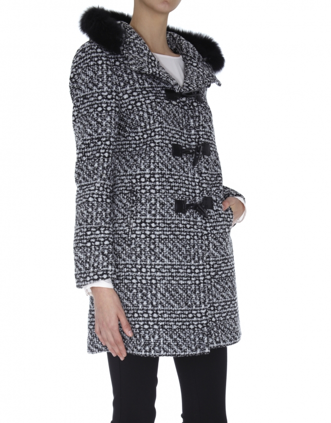 Black and white print parka with hood and loop closures