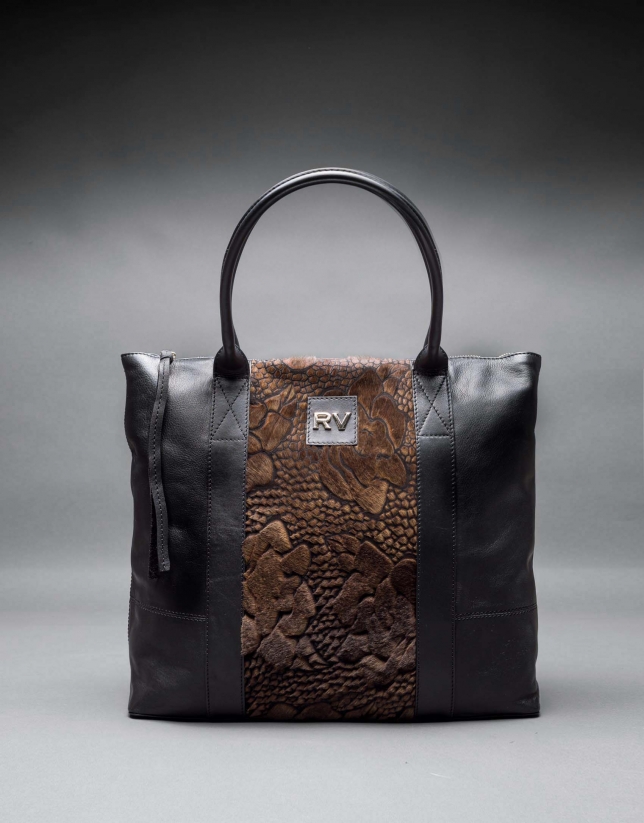Black napa Orlando Soft bag with embossed brown fantasy fur flower 