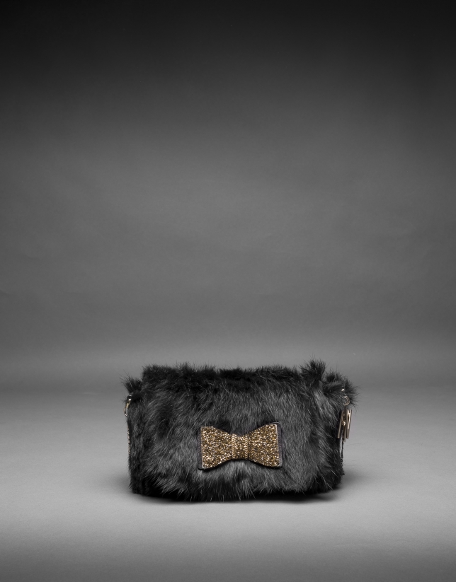 Black rabbit fur Poppy bag with an old gold crystal bow