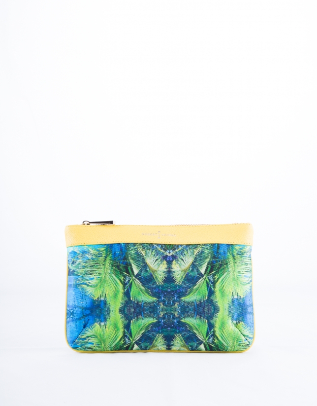 Yellow leather and tropical print fabric  Zoe Miami clutch bag 