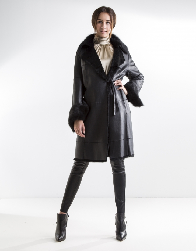 Black nappa and rabbit reversible coat
