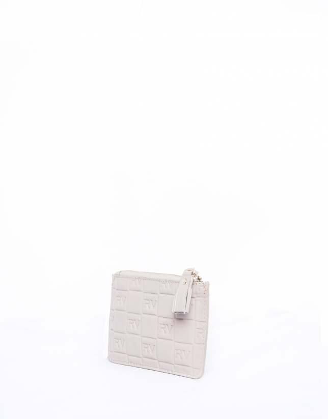 Nude leather change purse with embossed logo