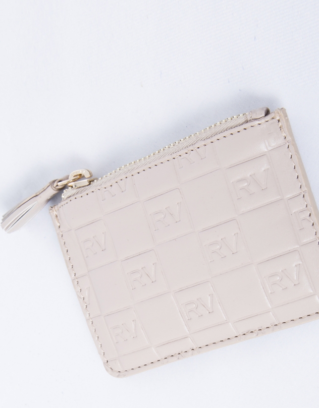 Nude leather change purse with embossed logo