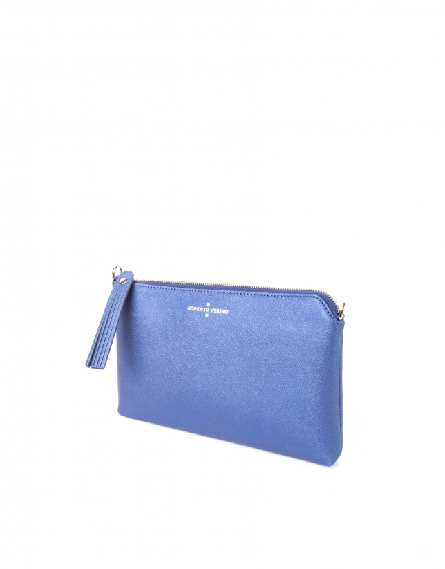 Metalized blue Saffiano leather clutch bag