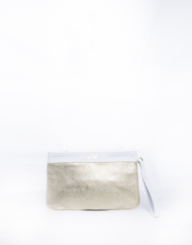 White and metallic gold leather Audrey clutch bag