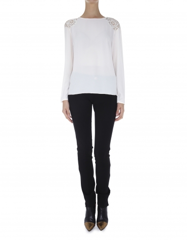 Off white crepe blouse with lace shoulders 