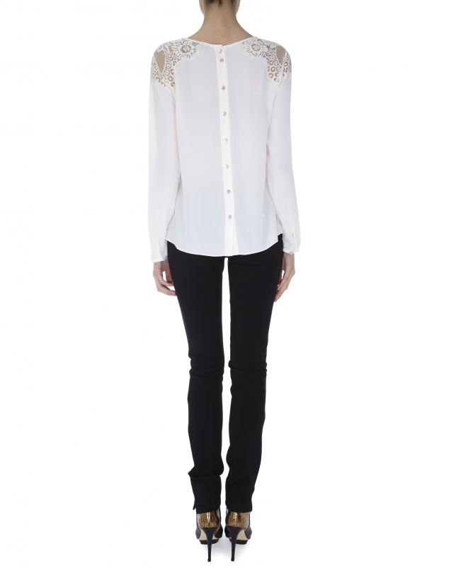 Off white crepe blouse with lace shoulders 