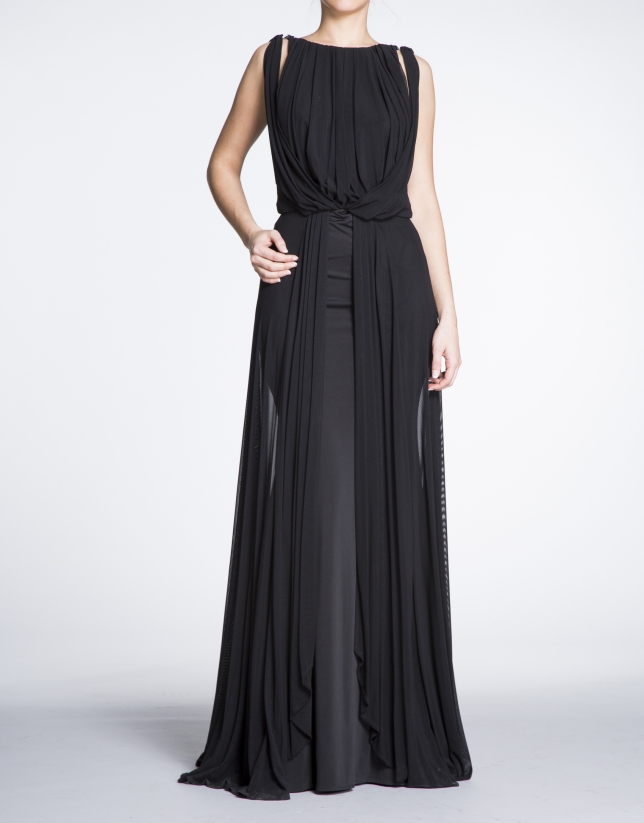Black long party dress with draped front