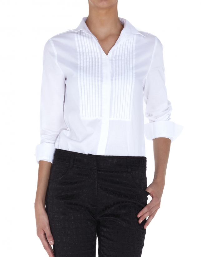 White cotton shirt with front tucks 