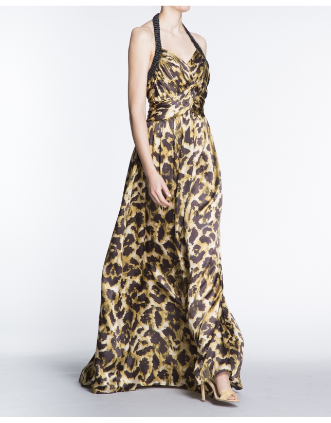 Long animal print halter top dress with draped neckline