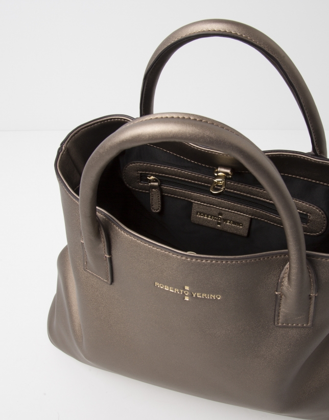 Metalized leather satchel
