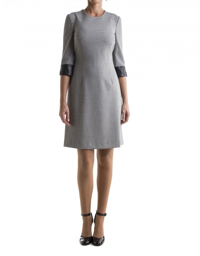 Gray hound’s tooth print dress with three quarter sleeves