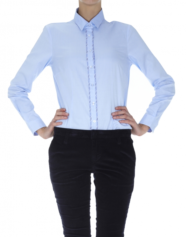 Camisa algodón azul con tejido combinado cuadros marrón