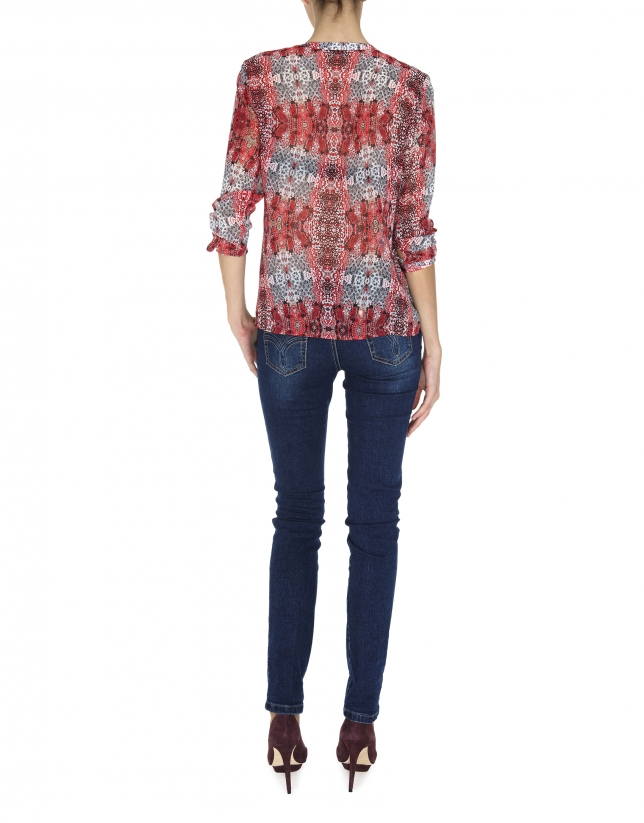 Red print V-neck blouse with tuckered cuffs