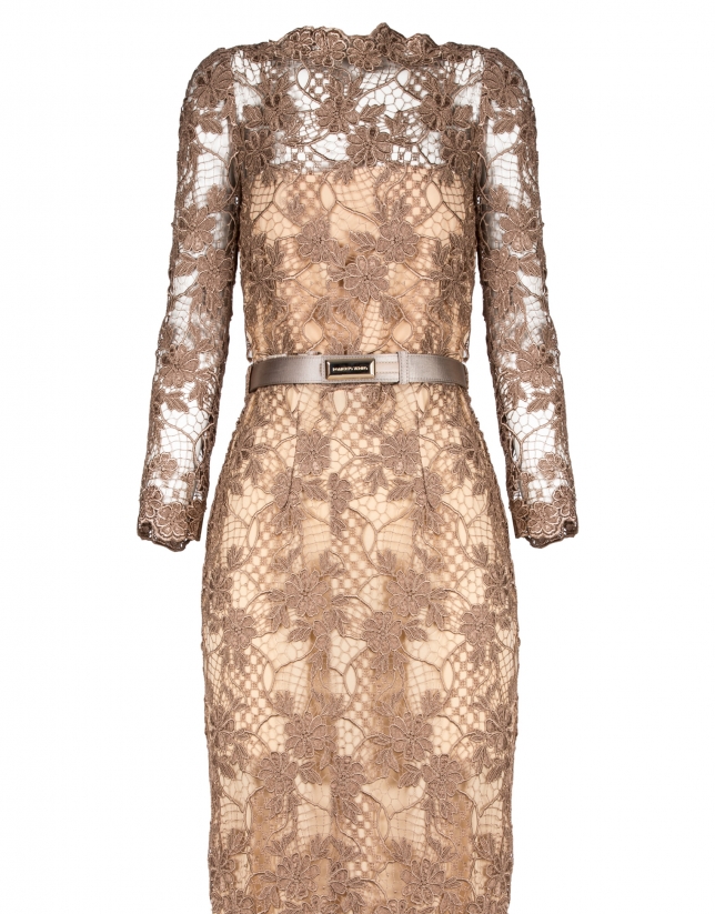 Long beige straight lace dress with transparencies and long sleeves.