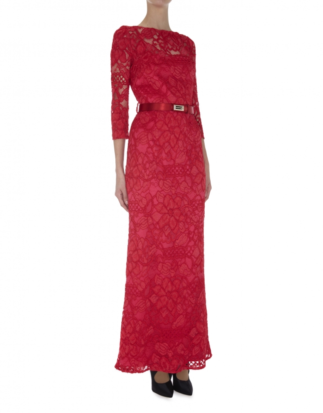 Long red straight dress with lace
