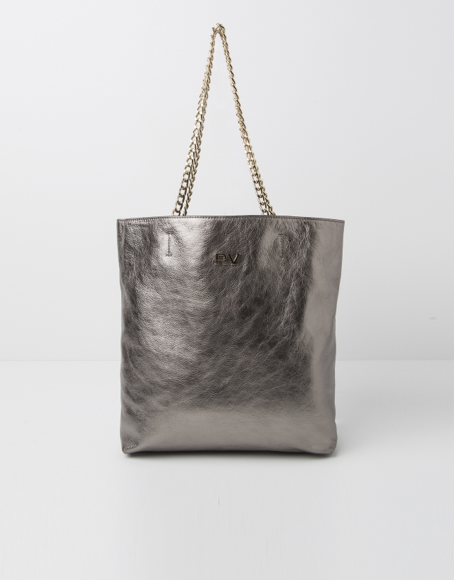 Metalized leather shopping bag