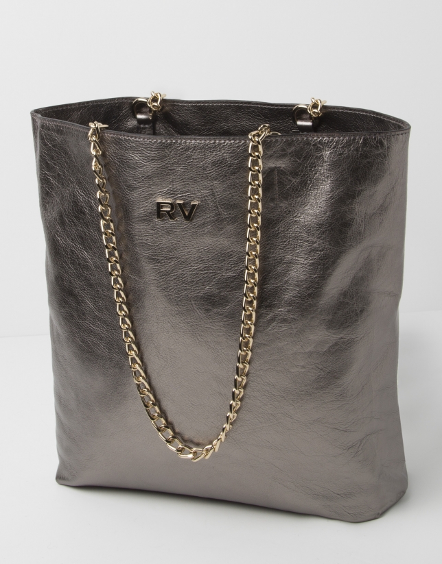 Metalized leather shopping bag