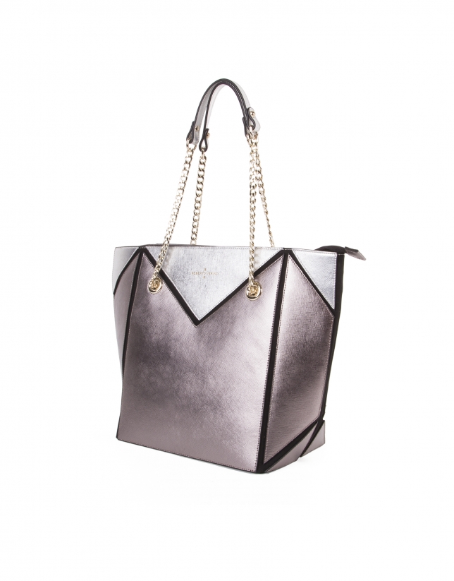 Metalized tricolor Saffiano leather shopping bag 