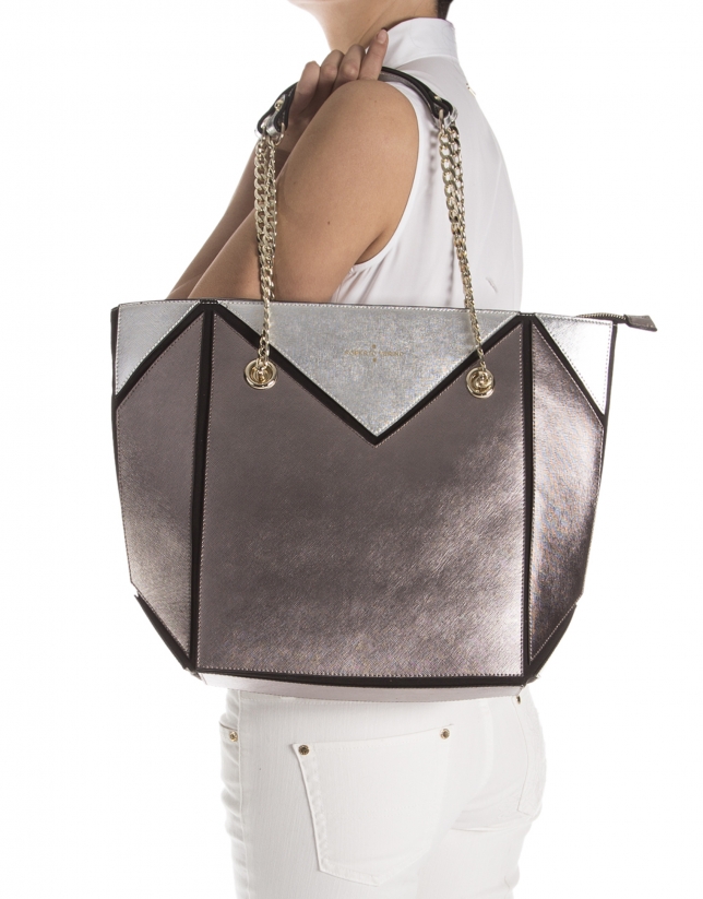 Metalized tricolor Saffiano leather shopping bag 