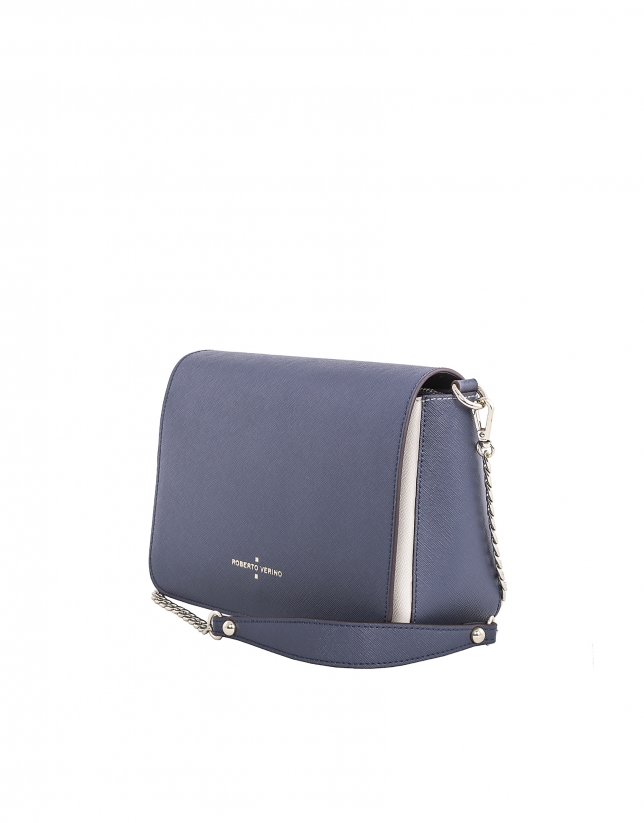 Blue color block Saffiano leather shoulder bag
