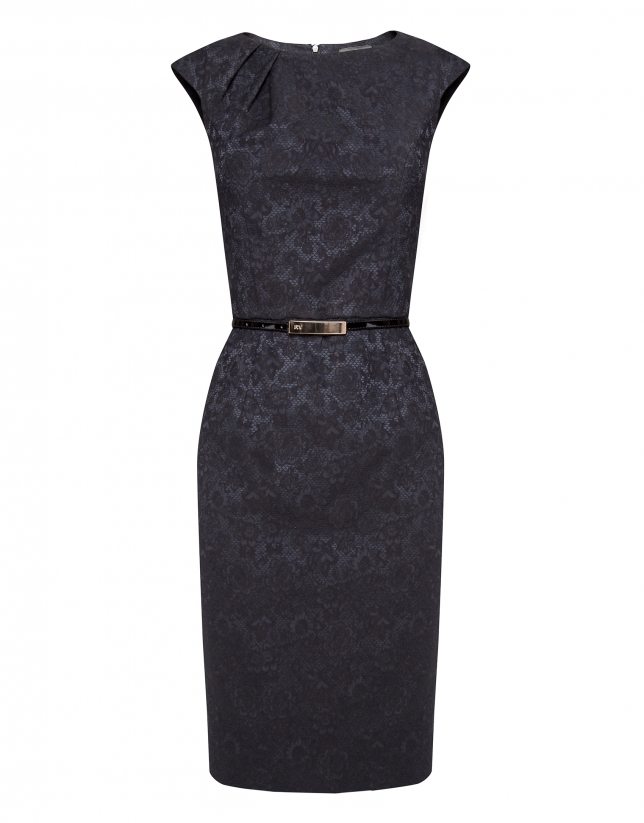 Black dress with raised fabric flowers and pleated collar 