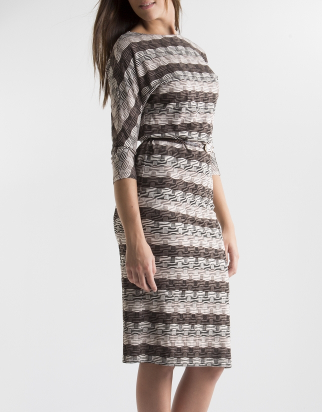 Brown geometric print knit dress