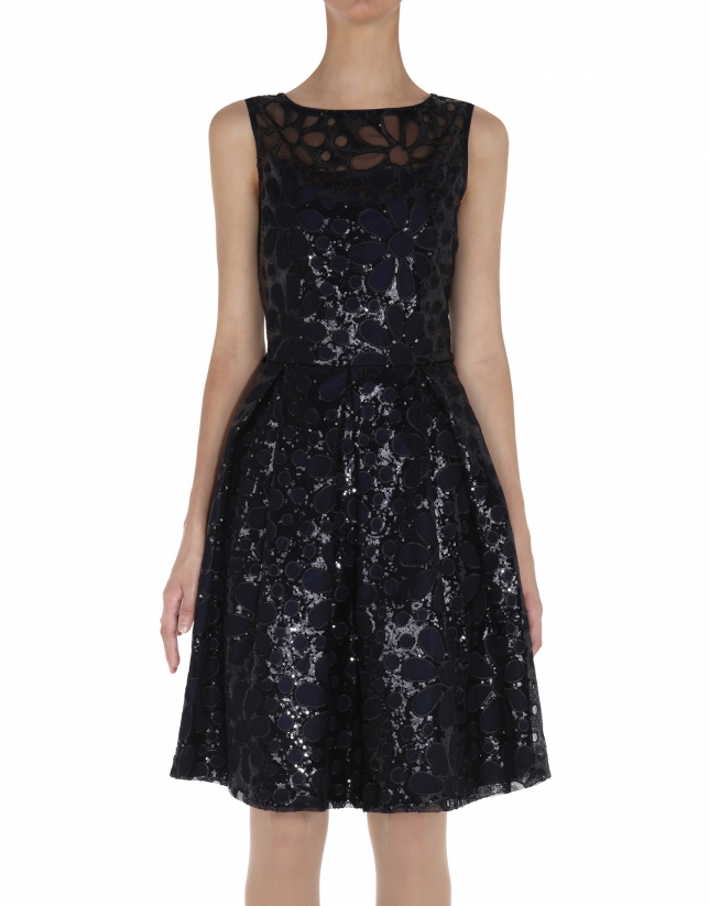 Black sequined dress with lace shoulders 
