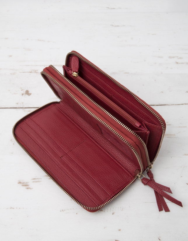 Red double zipper billfold with logo