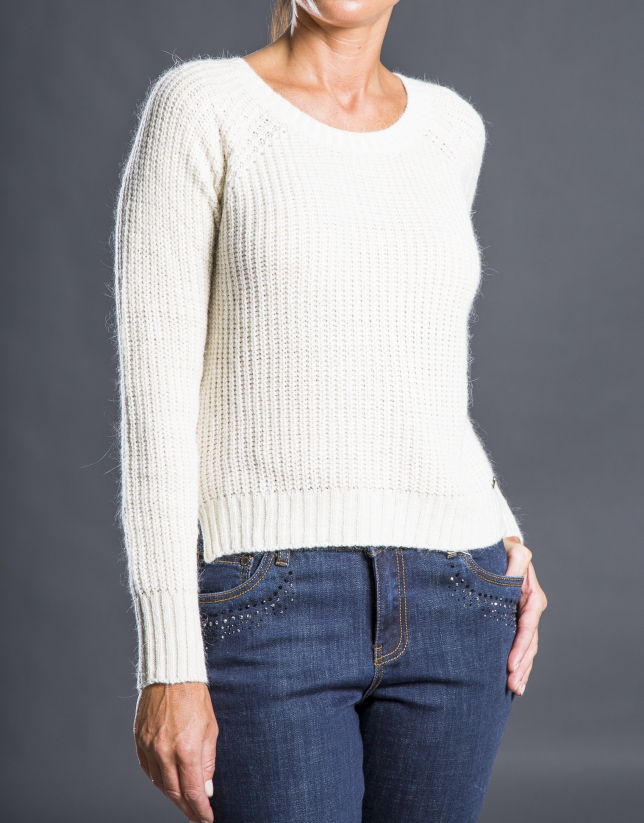Beige knit sweater with trim 