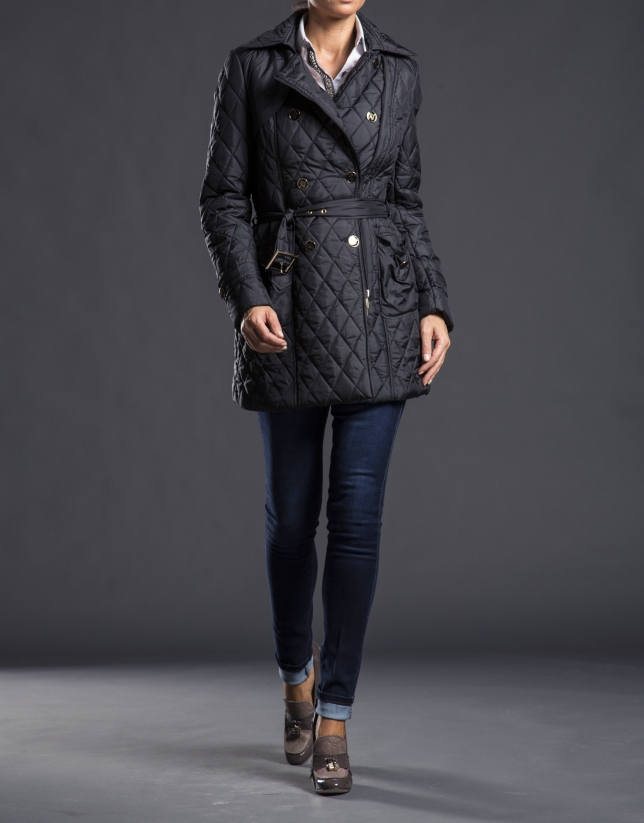 Black, quilted, double-breasted trench coat