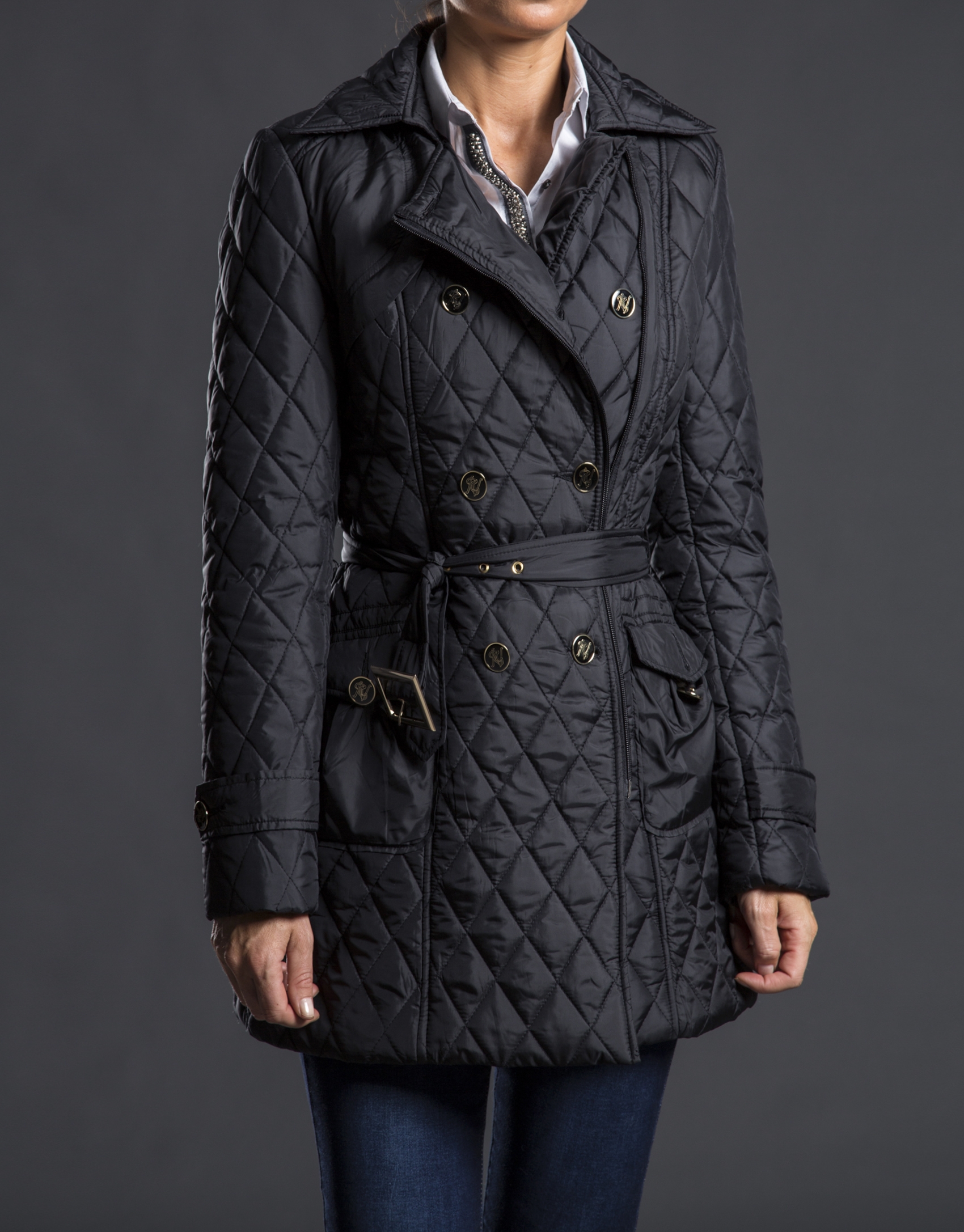 Black, quilted, doublebreasted trench coat Roberto Verino