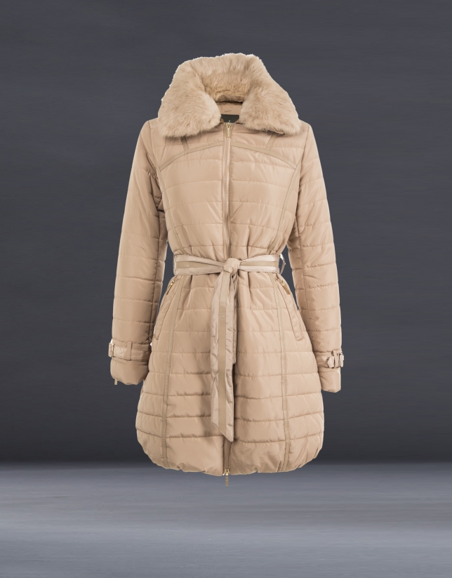 Long beige quilted trench coat