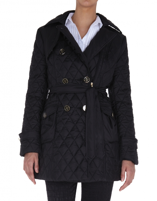 Black diamond print quilted trench coat