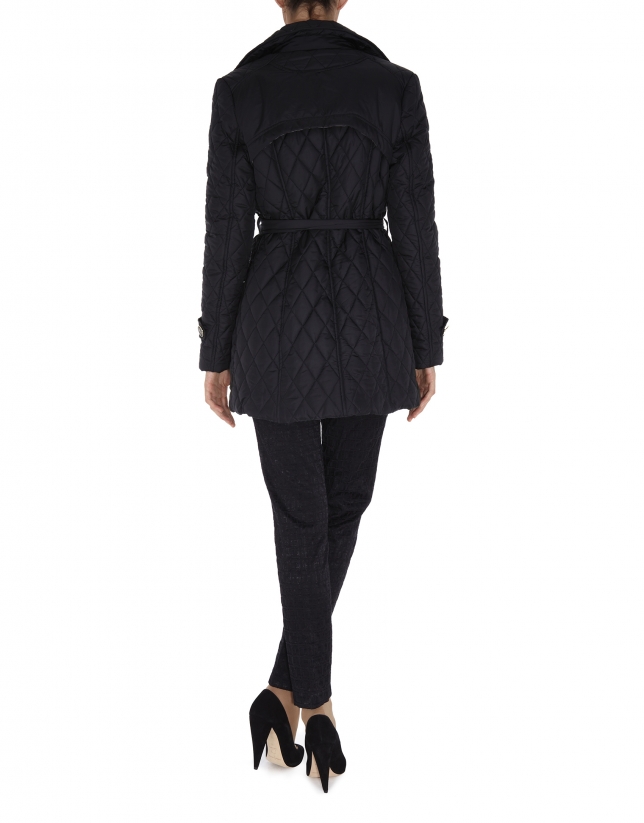 Black diamond print quilted trench coat