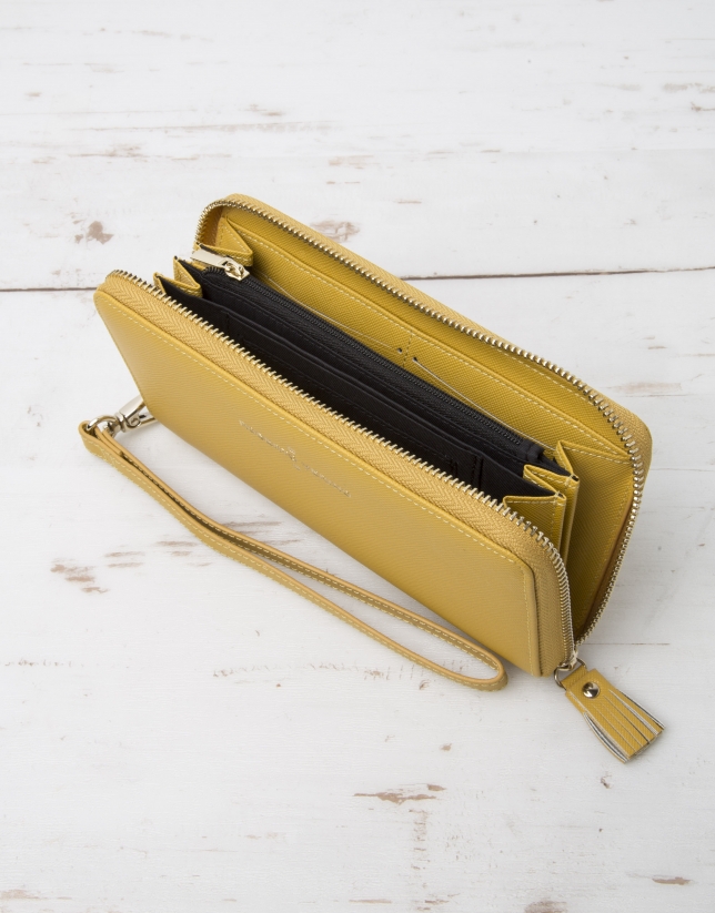 Yellow billfold with strap